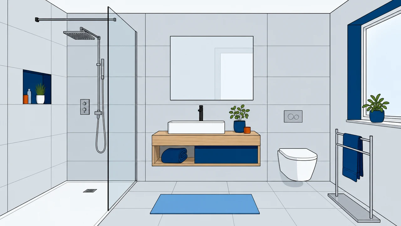 Illustration: Fertiges Badezimmer mit bodengleicher Dusche, Waschtisch und Wand-WC.