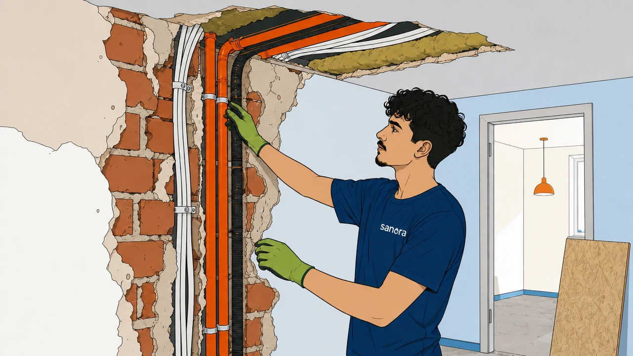 Illustration: Monteur an einer aufgestemmten Wand, in der neue Leitungen und Leerrohre verlegt sind.