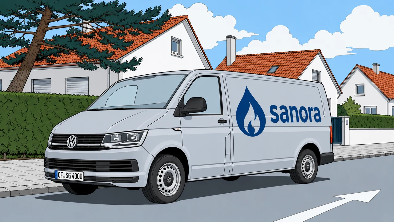 Illustration: Der Servicewagen der Sanora GmbH mit blauer Beklebung in einer Wohnstraße.