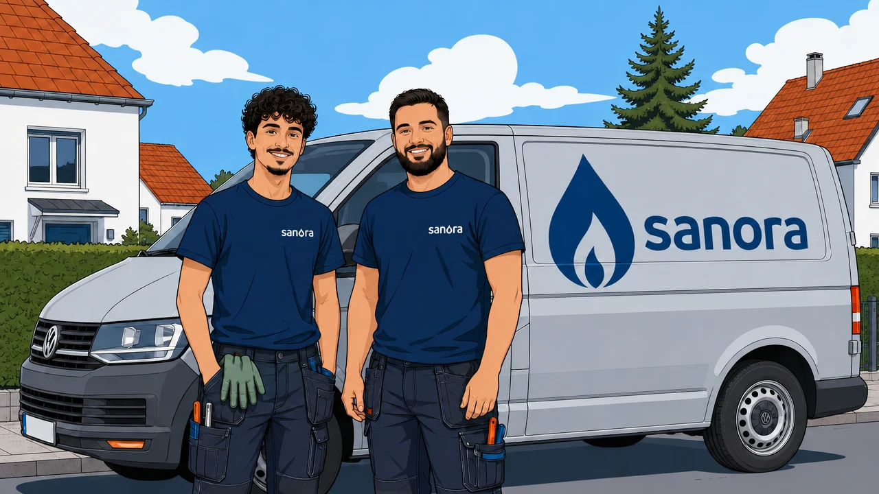 Illustration: Zwei Monteure der Sanora GmbH stehen vor ihrem Servicewagen in einer Wohnstraße.