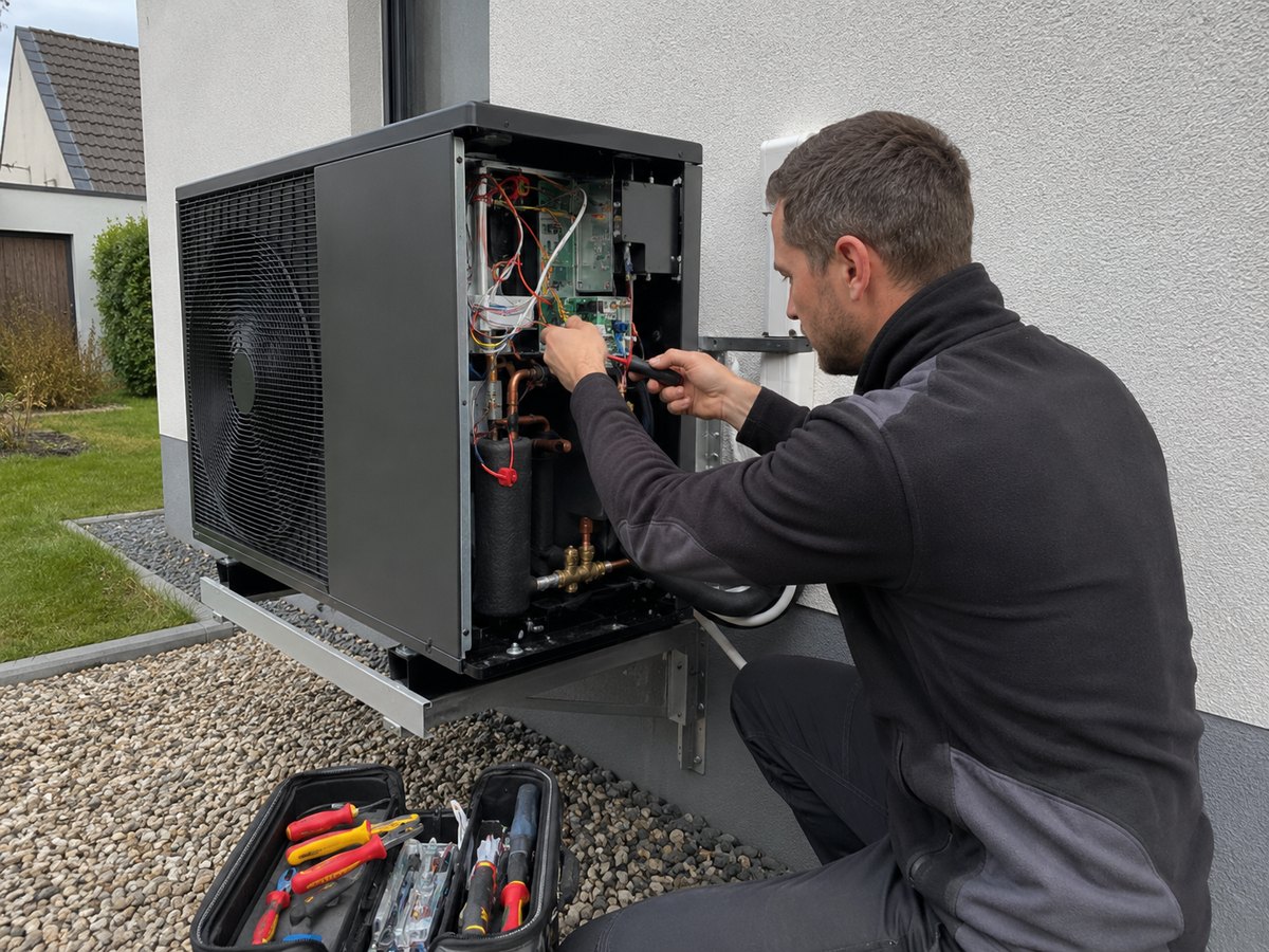 Monteur bei der Installation einer Luft-Wasser-Wärmepumpe