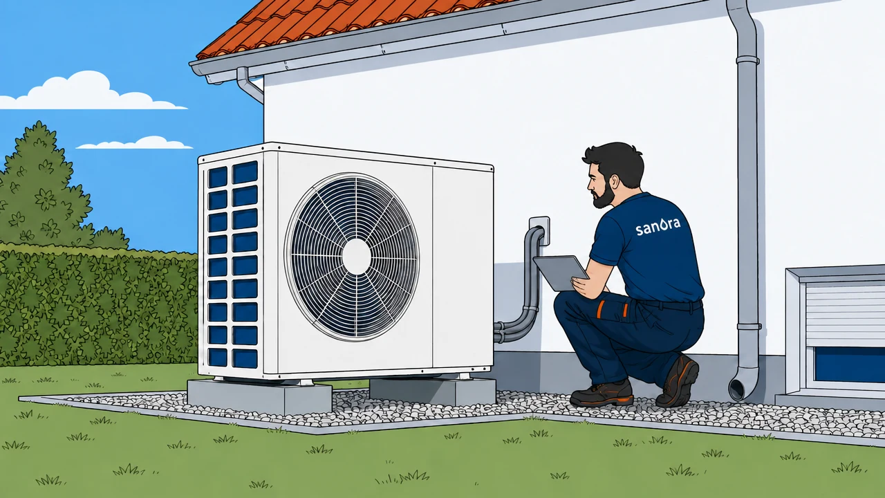 Illustration: Monteur prüft eine Luft-Wasser-Wärmepumpe an der Außenwand eines Einfamilienhauses.